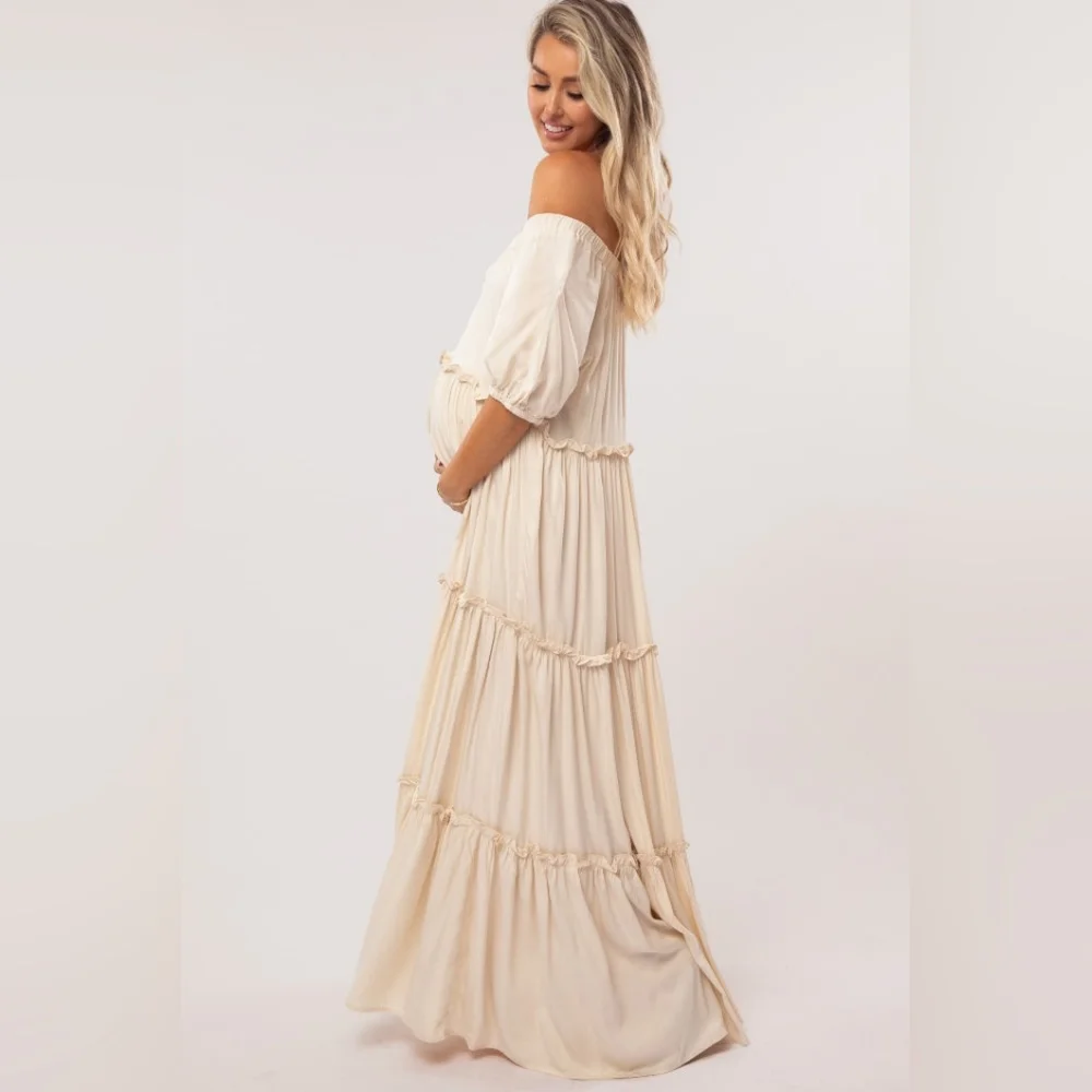 Pinkblush Cream Off-Shoulder Ruffle Tiered Maternity Maxi Dress